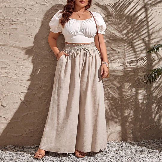Damen weite Leinenhose mit elastischem Bund und seitlichen Taschen EB