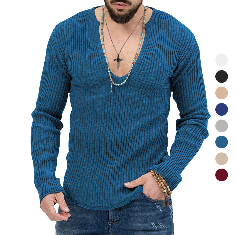 Herren Langarm-Rippenpullover mit tiefem V-Ausschnitt und modernem Schnitt EB