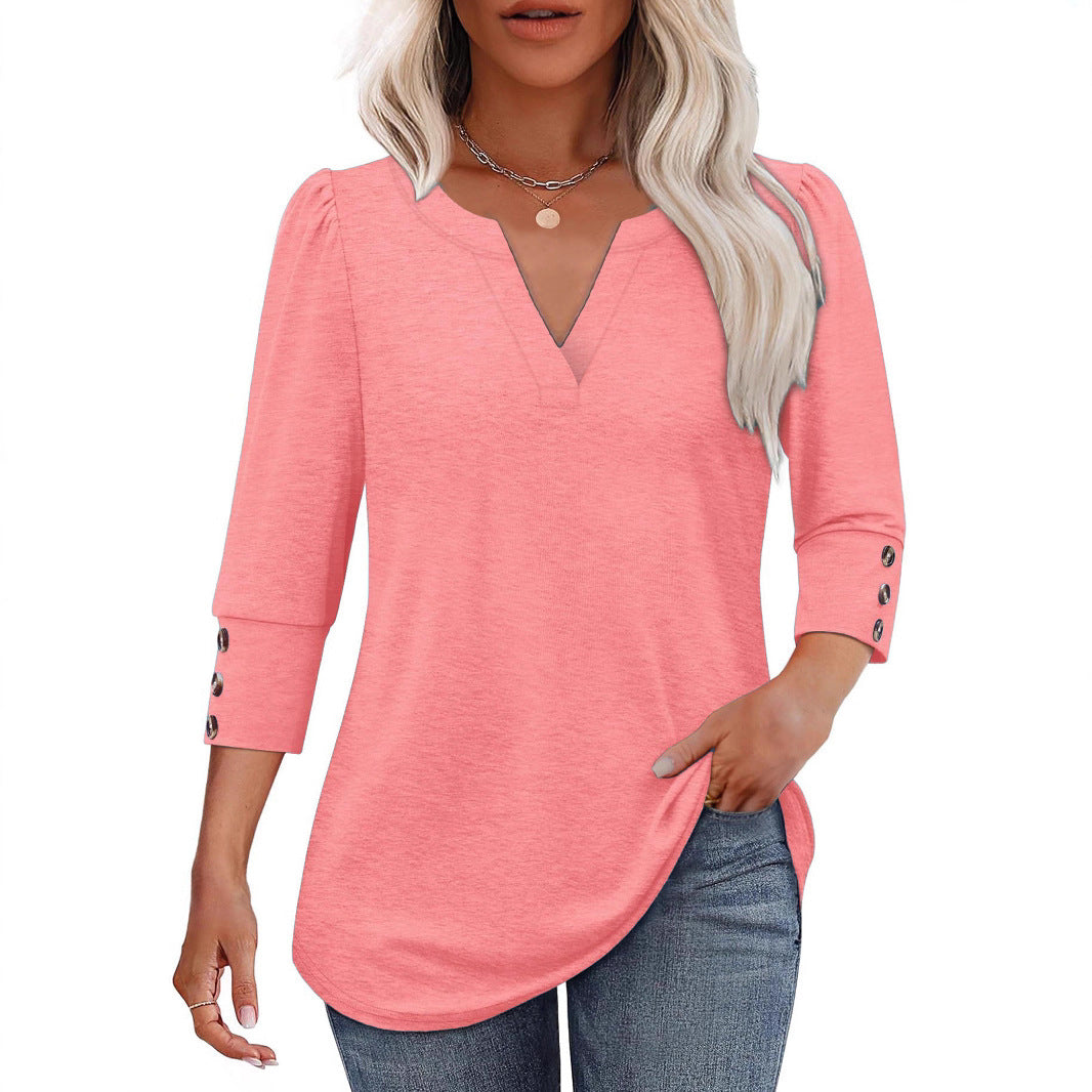 Damen V-Ausschnitt Bluse mit dekorativen Knopfdetails EB