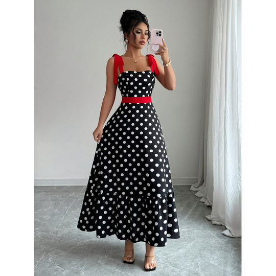 Damen Maxikleid mit verspieltem Polka-Dot-Muster und kontrastierendem Gürtel EB