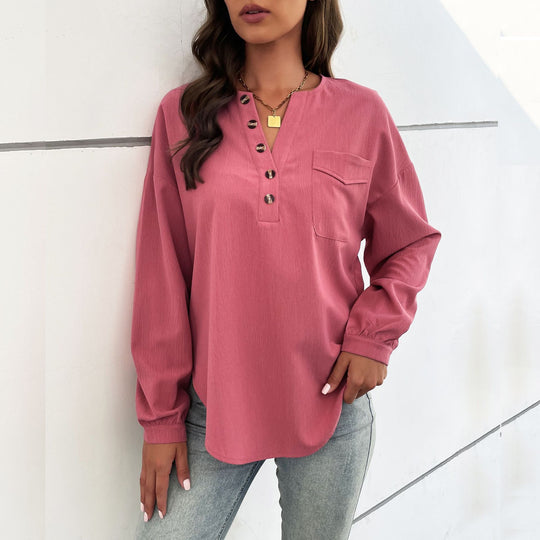 Damen Langärmliges Blusenshirt mit Knopfleiste und Brusttasche EB