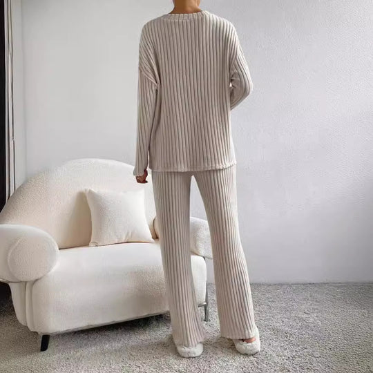 Damen Freizeit-Loungewear-Set aus weichem Rippstoff mit V-Ausschnitt EB