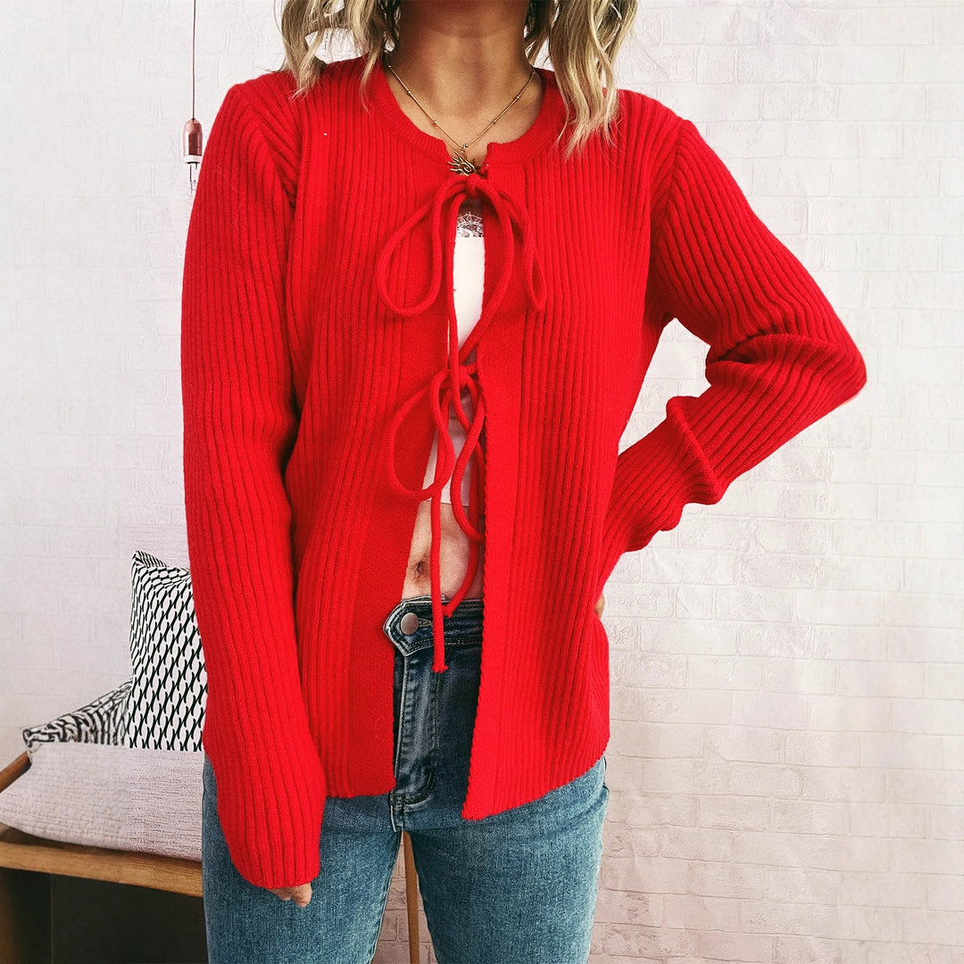 Damen Strickjacke mit dekorativem Schnürdesign und strukturiertem Material EB