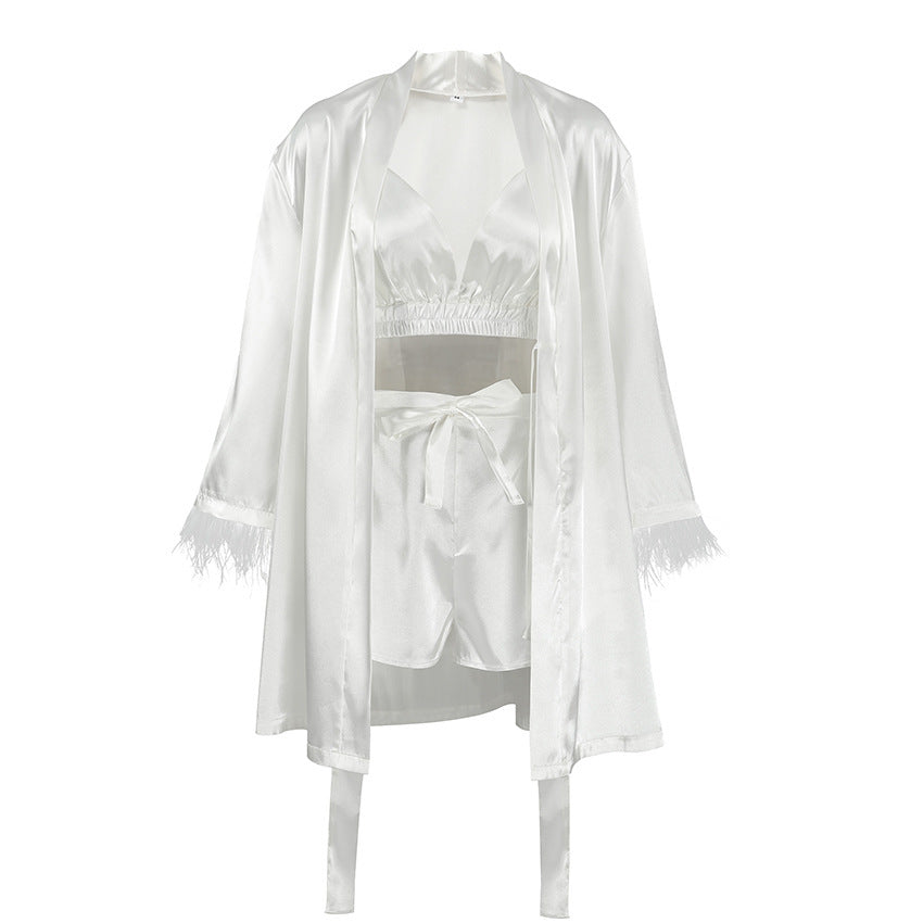 Damen luxuriöses Satin-Loungewear-Set mit eleganten Rüschendetails und Atmungsaktiven Shorts EB