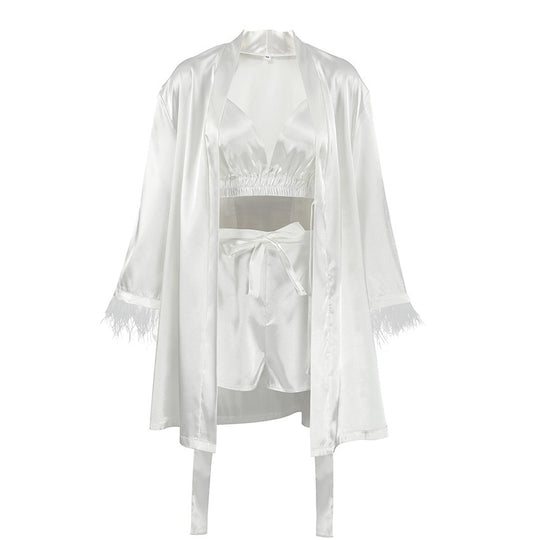 Damen luxuriöses Satin-Loungewear-Set mit eleganten Rüschendetails und Atmungsaktiven Shorts EB
