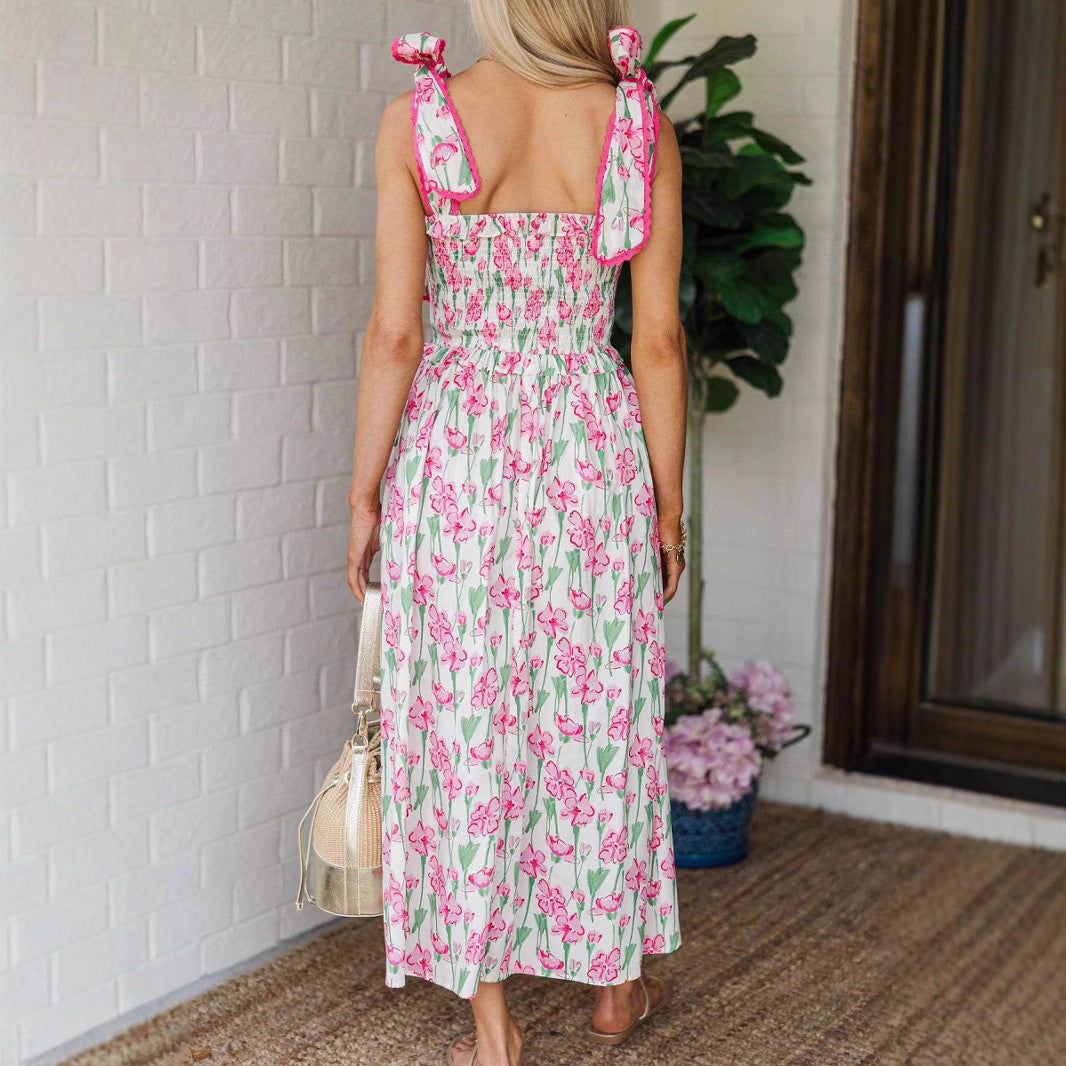 Damen Sommerkleid mit Raffung und schulterlangen Bindebändern EB