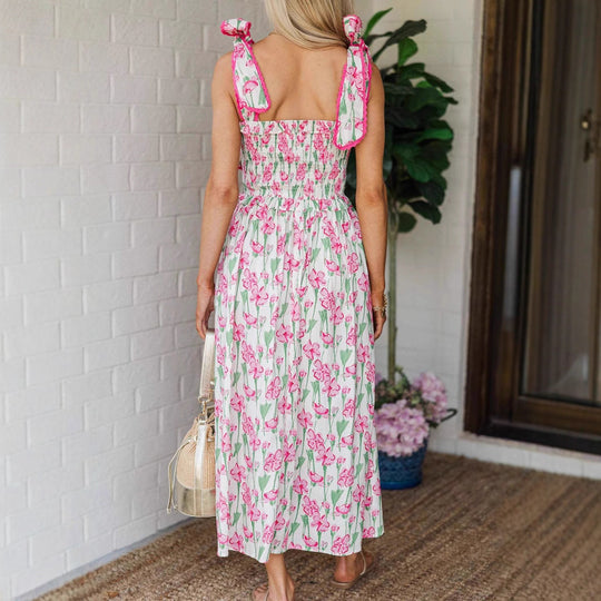 Damen Sommerkleid mit Raffung und schulterlangen Bindebändern EB