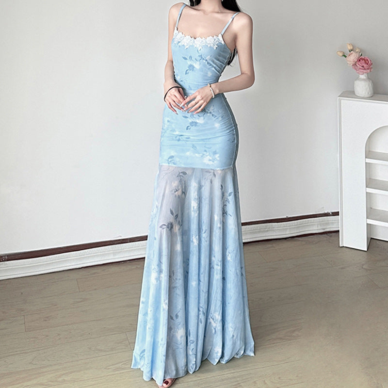 Damen Maxikleid mit floralem Druck und eleganter Spitzenborte EB