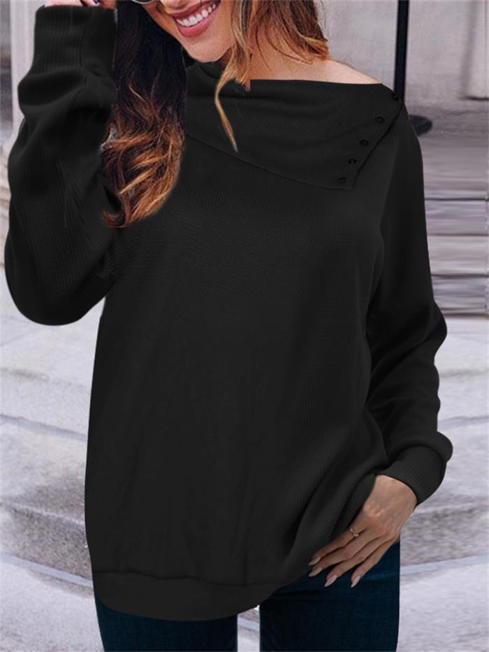 Damen eleganter Oversized Pullover mit asymmetrischem Halsausschnitt und Knopfdetails EB