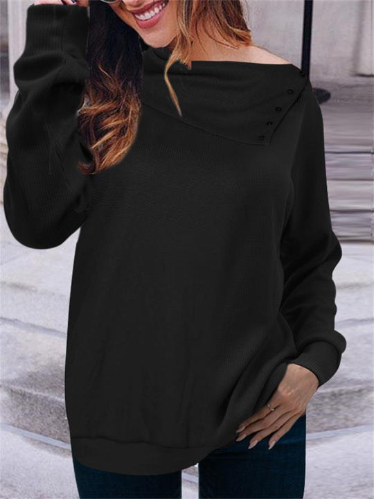 Damen eleganter Oversized Pullover mit asymmetrischem Halsausschnitt und Knopfdetails EB