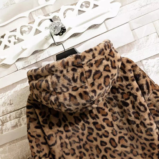 Damen kuschelige Fleecejacke mit Leopardenmuster und Kapuze EB