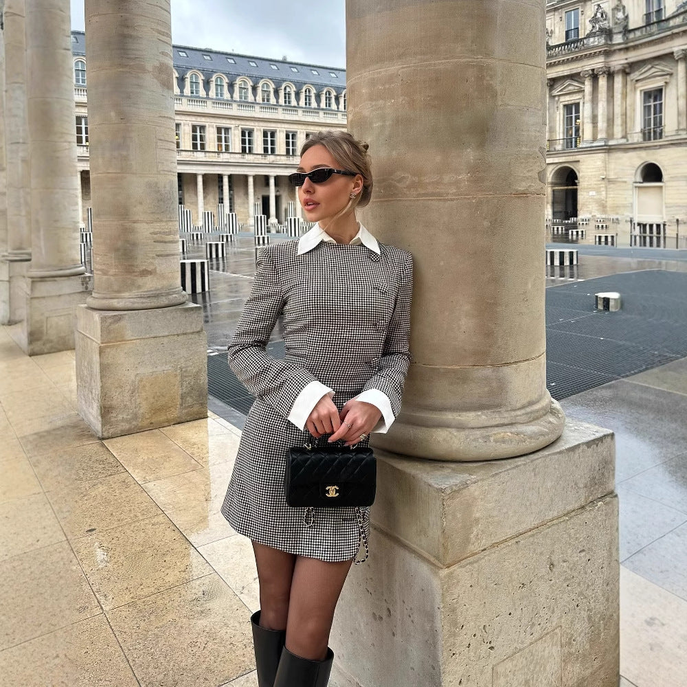 Damen Karomuster Blusenjacke mit Schalkragen und Knopfdetails EB