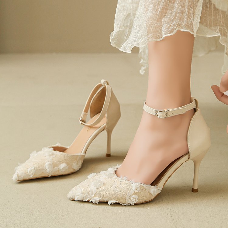 Damen elegante High Heels mit floralem Spitzendesign und verstellbarem Riemen EB
