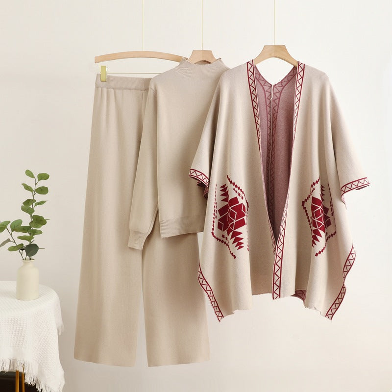 Damen Strick-Loungewear-Set mit außergewöhnlichem Poncho-Stil EB
