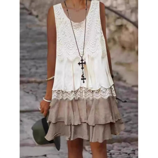 Damen lässiges Strandkleid mit Spitzenverzierung und voluminösem Rüschensaum EB