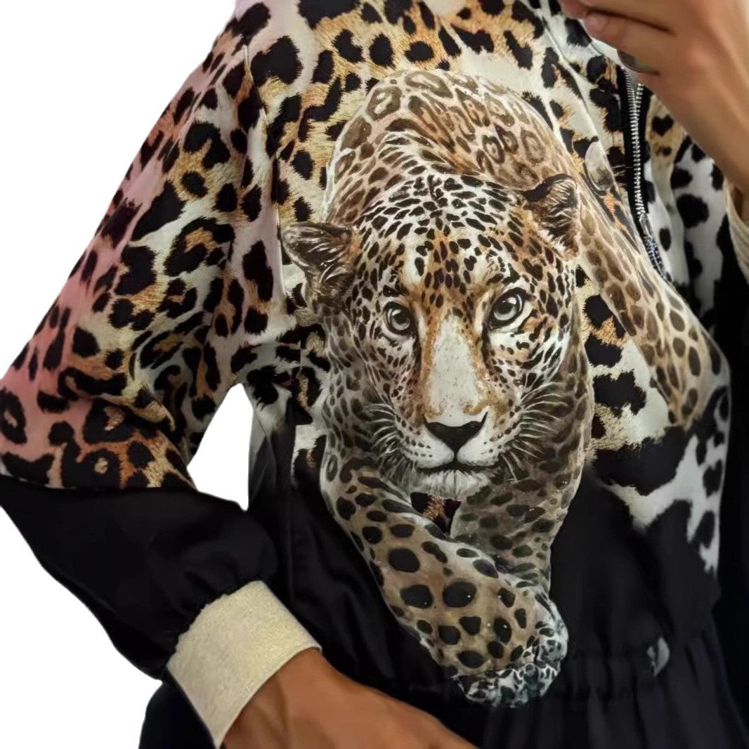Damen entspannte Bomberjacke mit extravagantem Leoparden-Motiv EB