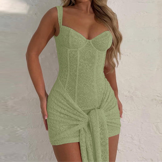 Damen Elegantes Kleid mit Spitzenverzierungen und Raffungsdetails EB