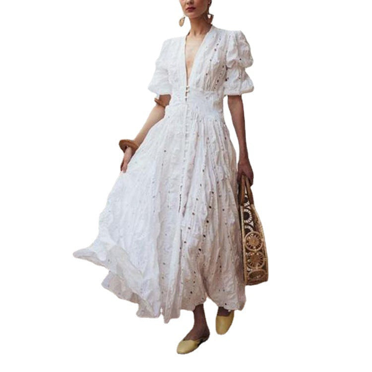 Damen Maxi-Kleid mit voluminösen Puffärmeln und detailreicher Faltenoptik EB