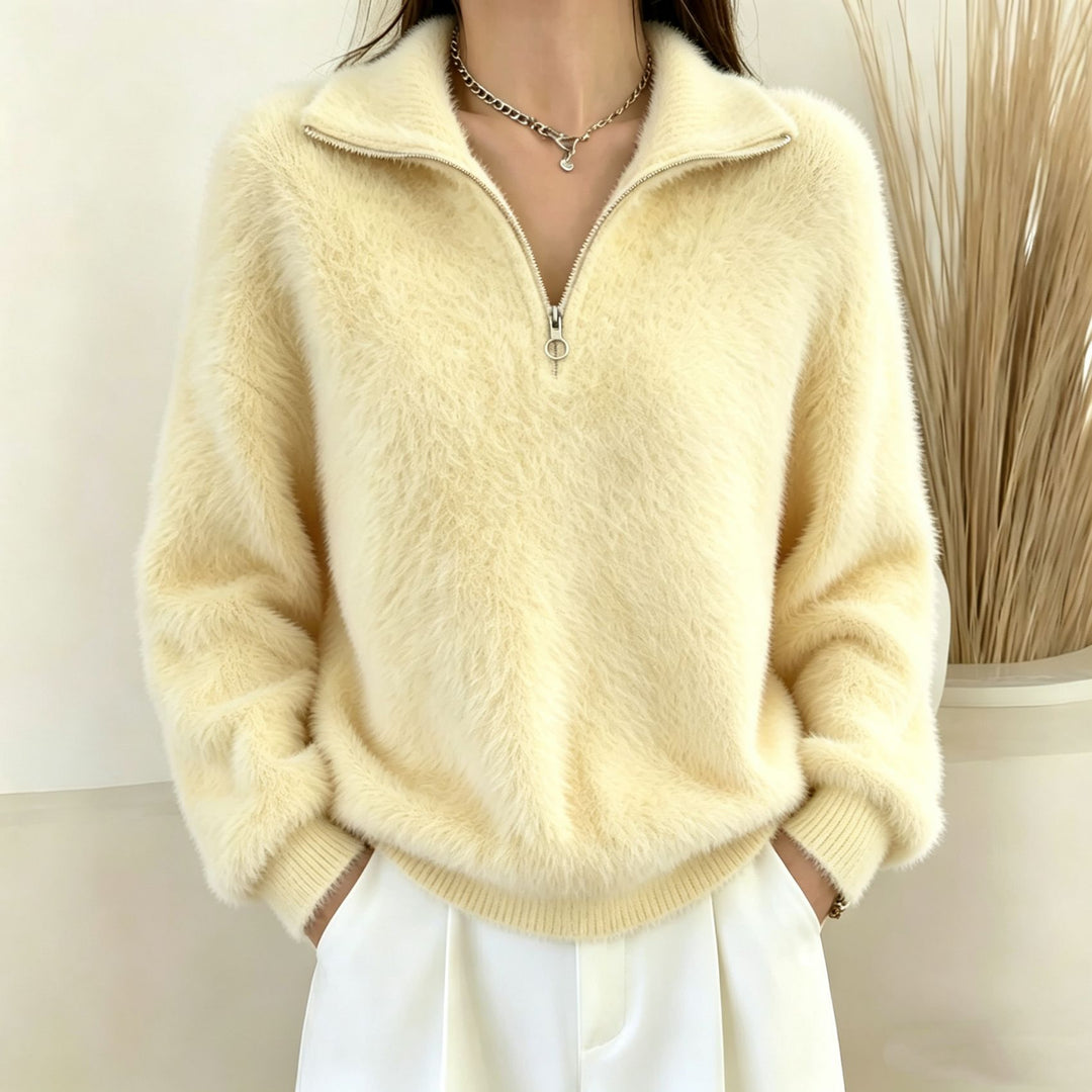 Damen Flauschiger Halbzipp-Pullover mit Stehkragen EB