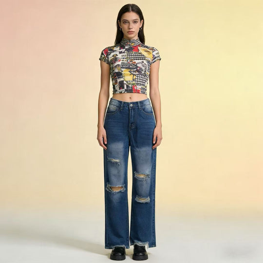 Damen nan hochgeschnittene Relaxed-Jeans mit weitem Bein, Knie-Rips und rohem Saum EB