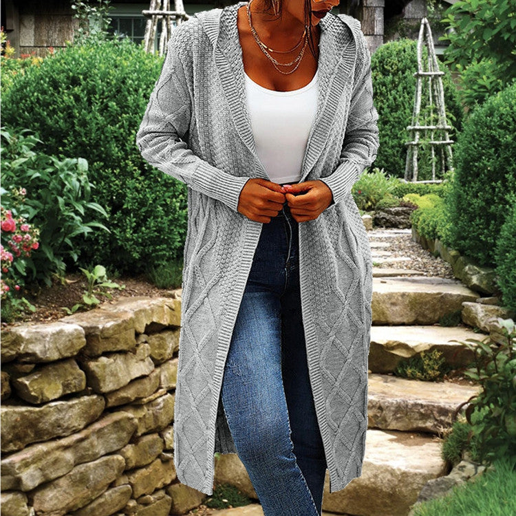 Damen Strickmantel mit gehäkeltem Zopfdesign und offenem Schnitt EB