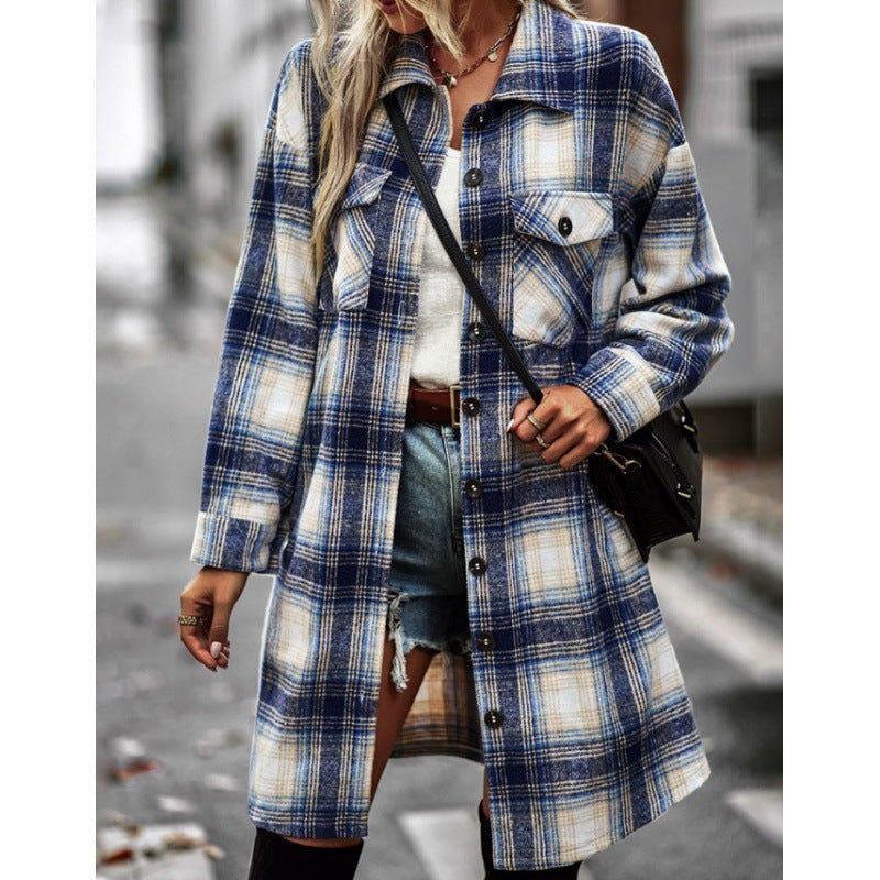 Damen Langarmhemdjacke im Karomuster mit großen Taschen EB