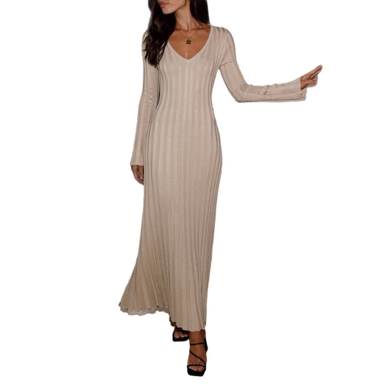Damen Geripptes Maxikleid mit V-Ausschnitt, figurbetonter Silhouette und langen Ärmeln EB