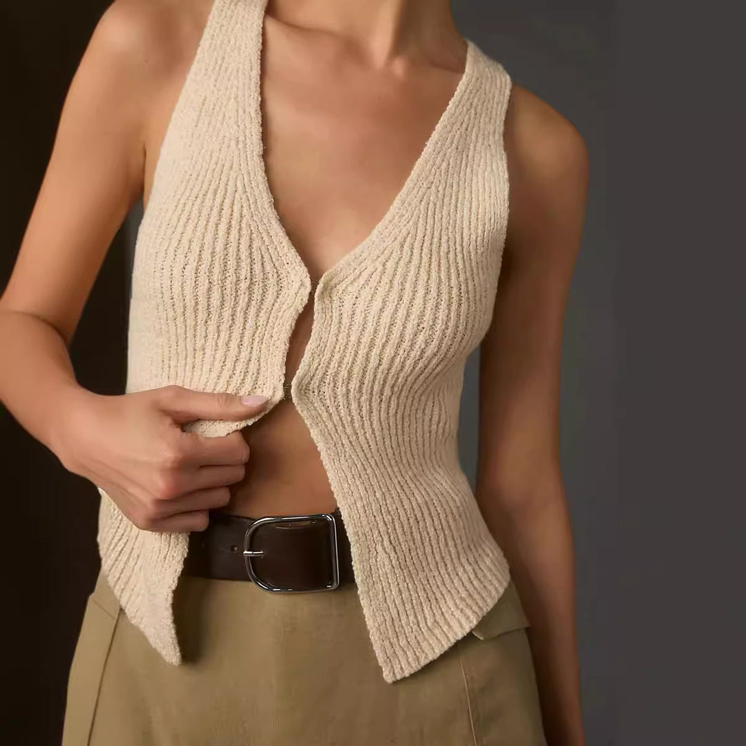 Damen lässiges Strickoberteil mit tiefem V-Ausschnitt und Knopfdetails EB
