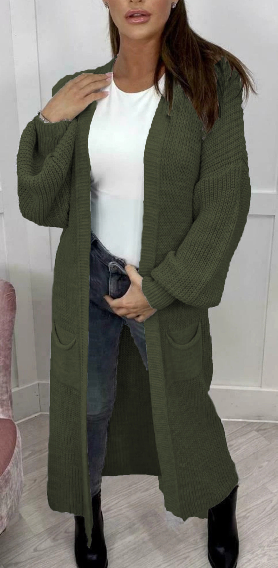 Damen Langer Strickcardigan mit strukturierter Maschenoptik und praktischen Taschen EB