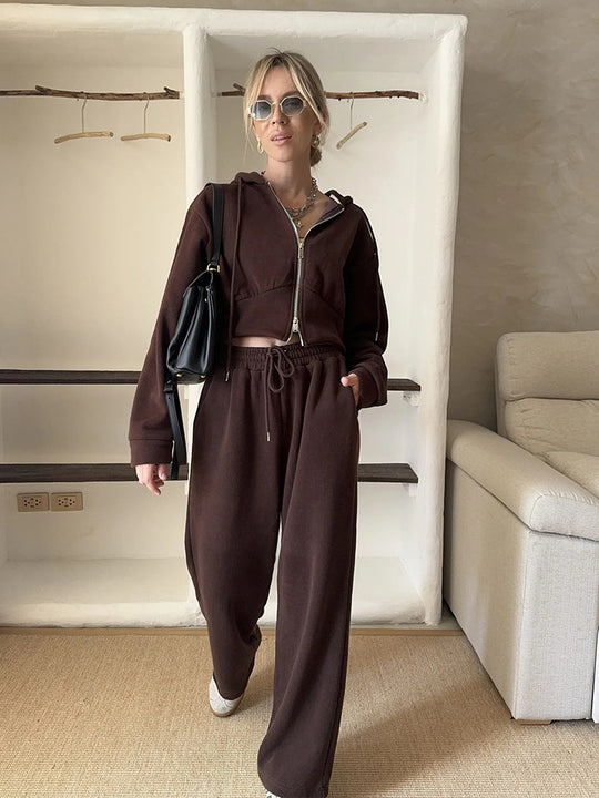 Damen Kurzgeschnittenes Zip-Hoodie mit Kordelzug‑Taille und weiter Palazzo‑Jogginghose EB
