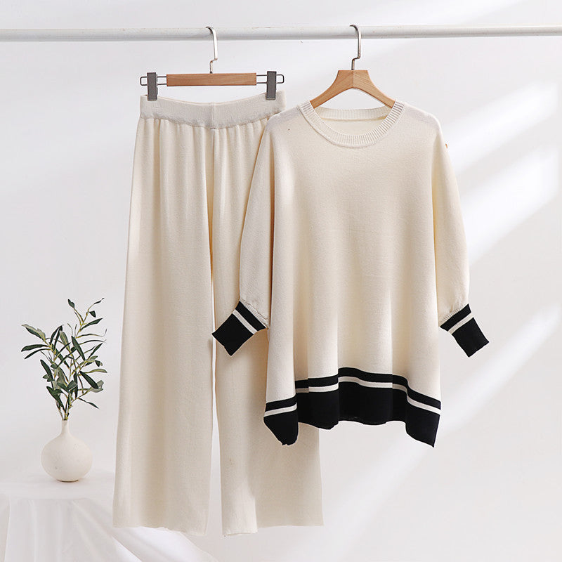 Damen lässiges Strick-Loungewear-Set mit modischem Kontrastsaum und weitem Schnitt EB