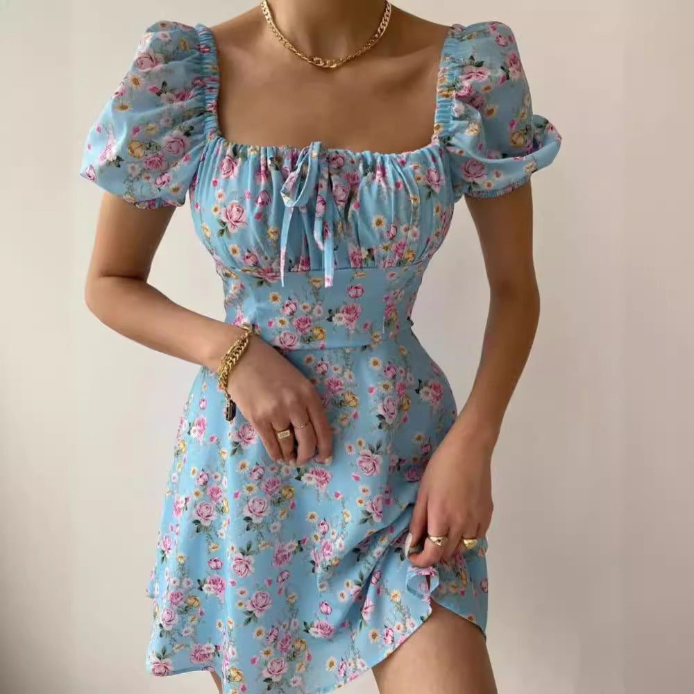 Damen Minikleid mit voluminösen Puffärmeln und floralem Muster EB