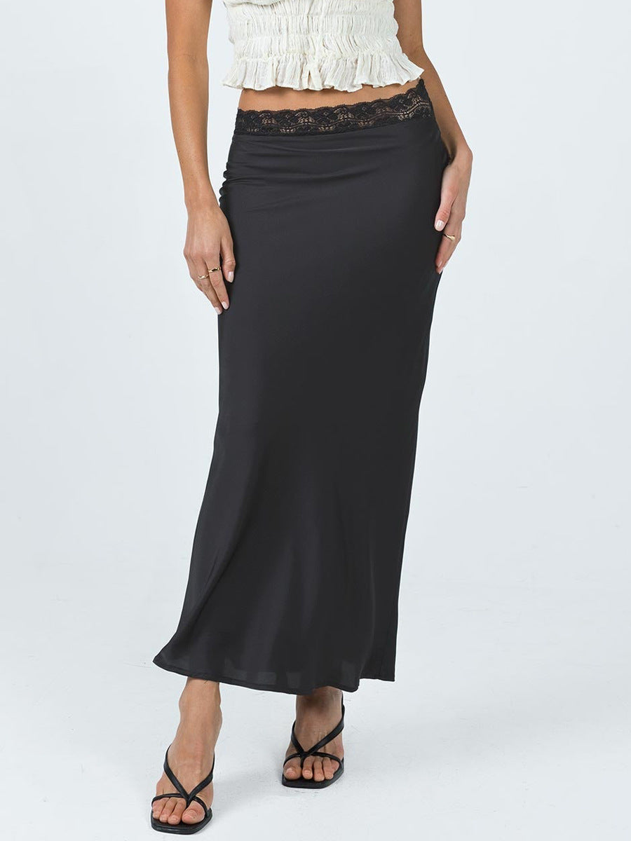 Damen eleganter Satin-Rock mit Spitzenbund EB