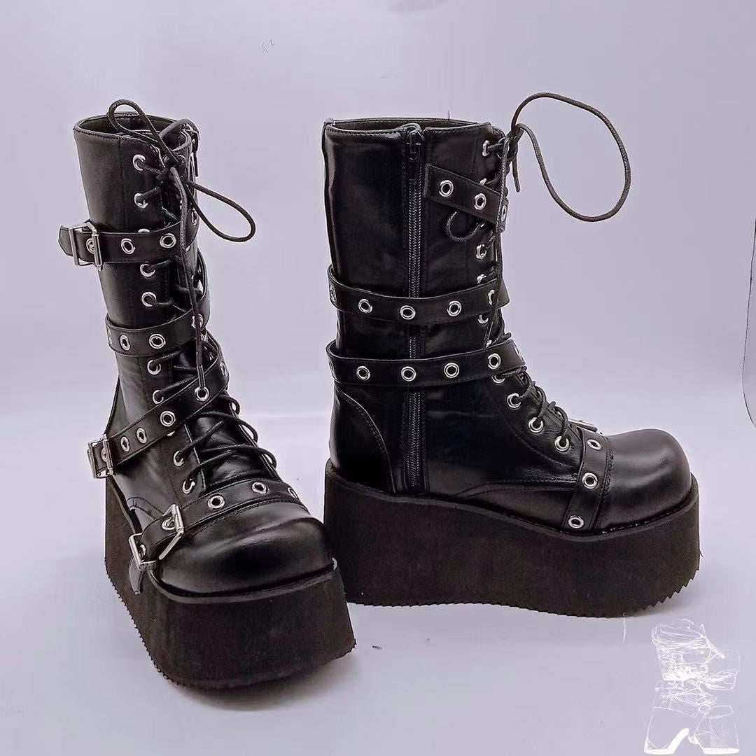 Damen plateau Combatstiefel mit Schnallen Ösen Schnürung und seitlichem Reißverschluss EB