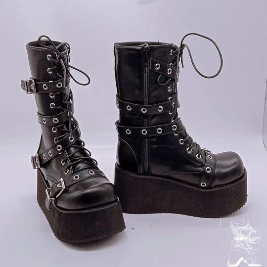 Damen plateau Combatstiefel mit Schnallen Ösen Schnürung und seitlichem Reißverschluss EB