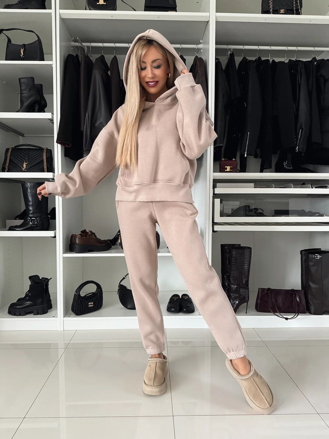 Damen lässiges Loungewear-Set mit Hoodie und Jogginghose aus weichem Fleece EB