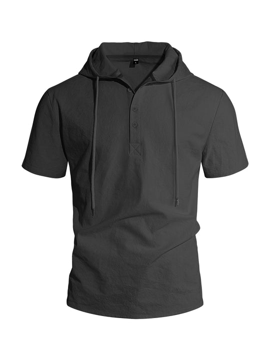Herren nan kurzärmeliges Kapuzen-Henley aus Slub-Baumwolle mit verdeckter Knopfleiste und Kordelzug EB