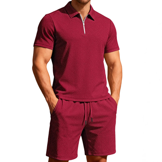 Herren nan komfortables Lounge-Zweiteiler aus strukturierter Baumwollmischung mit Halbzip-Poloshirt und Kordel-Shorts EB