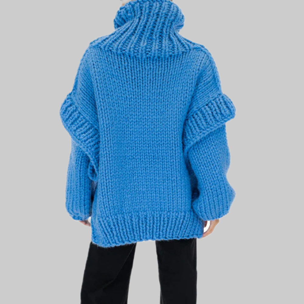 Damen Lockerer Strickpullover mit voluminösen Ärmeln und hohem Kragen EB