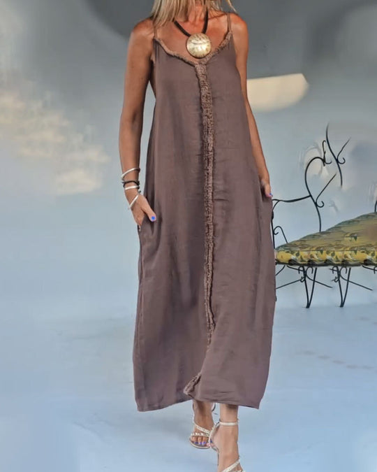 Damen Maxikleid mit feinen Fransen und praktischen Seitentaschen Heidi-Mode