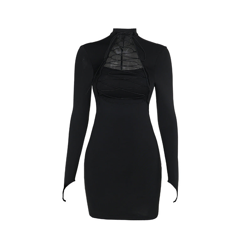 Damen figurbetontes Langarmkleid mit asymmetrischem Rückenausschnitt und trendigen Schnürdetails EB