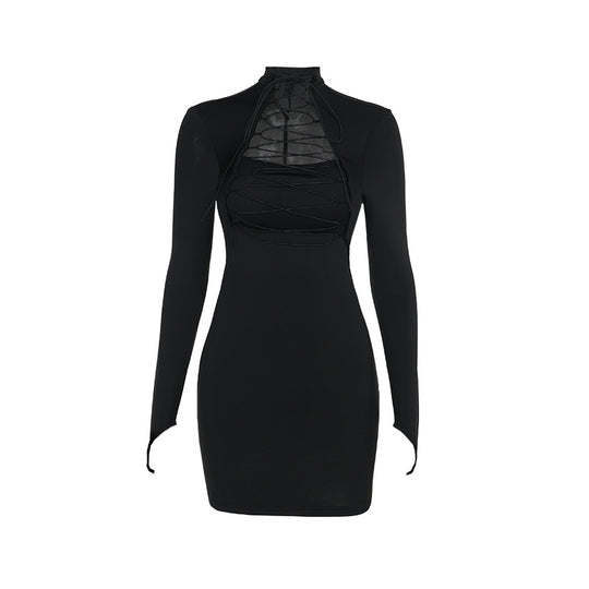 Damen figurbetontes Langarmkleid mit asymmetrischem Rückenausschnitt und trendigen Schnürdetails EB