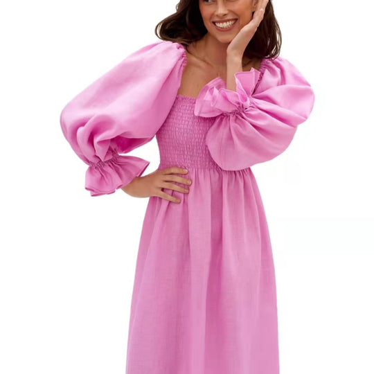 Damen Maxikleid mit Puffärmeln und elastischem Taillenbund EB
