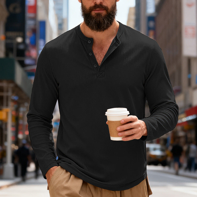 Herren nan Thermo-Henley-Langarmshirt mit Waffelstruktur, Rundhalsausschnitt und Knopfleiste EB