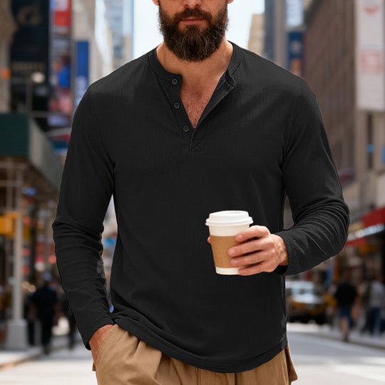 Herren nan Thermo-Henley-Langarmshirt mit Waffelstruktur, Rundhalsausschnitt und Knopfleiste EB