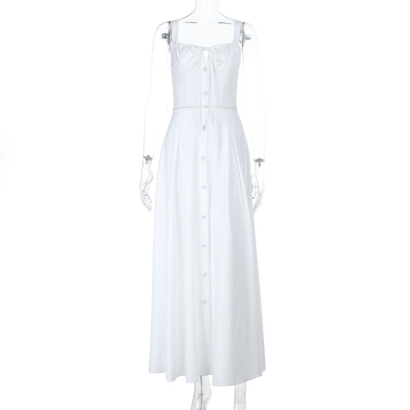 Damen langes Sommerkleid mit tailliertem Oberteil und eleganten Knopfdetails EB
