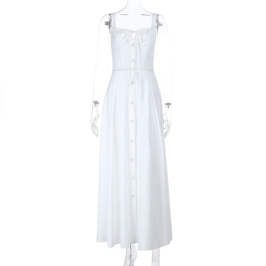 Damen langes Sommerkleid mit tailliertem Oberteil und eleganten Knopfdetails EB