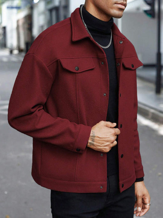 Herren nan Wolloptik-Overshirt Jacke im Shacket-Stil mit Brustklappen und Druckknopfleiste EB