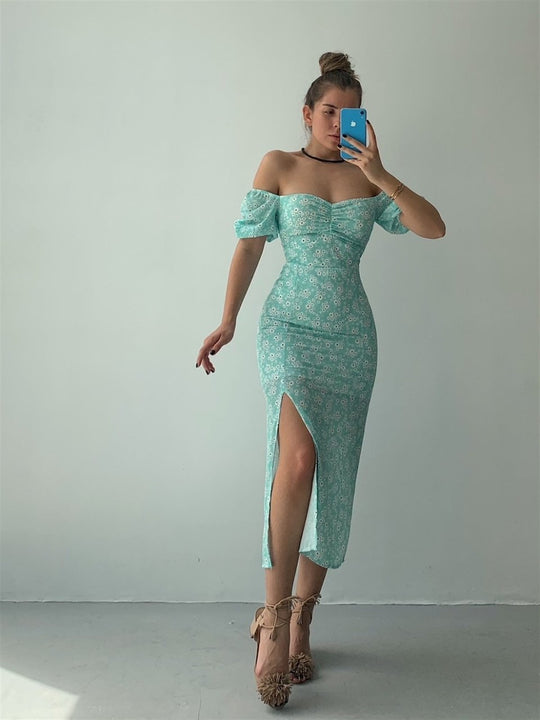 Damen Maxikleid mit schulterfreiem Design und floralem Druck EB