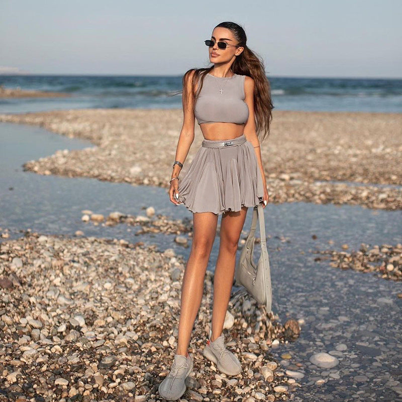 Damen Sportliches Crop-Top und Skaterrock Set EB